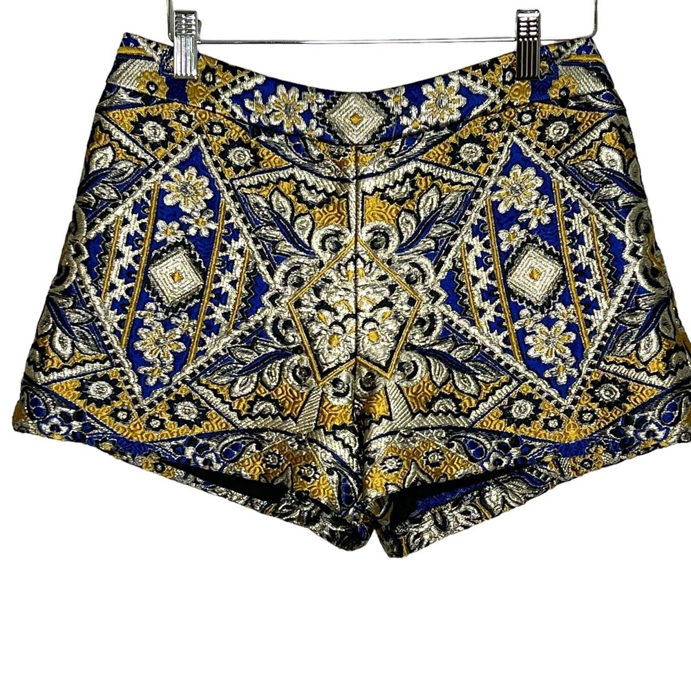 Alice + Olivia Gold Mustard Blue Baroque Jacquard Silk Woven Embroidered Shorts - Picture 5 of 5